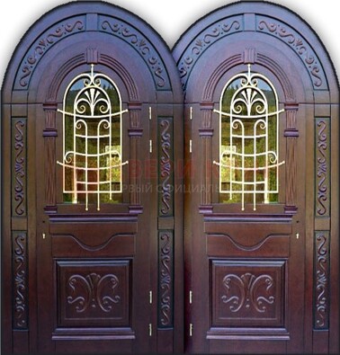 Индивидуальная арочная дверь со стеклом и ковкой ДА-19 в Старой Купавне