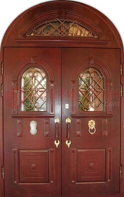 Стальная арочная дверь со стеклом и ковкой ДА-30 в дом из кирпича в Старой Купавне