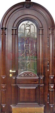 Арочная металлическая дверь массив со стеклом и ковкой ДА-50 в Старой Купавне