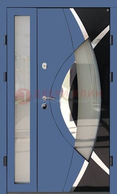 Синяя металлическая дверь со стеклом и узором ДС-13 в Старой Купавне