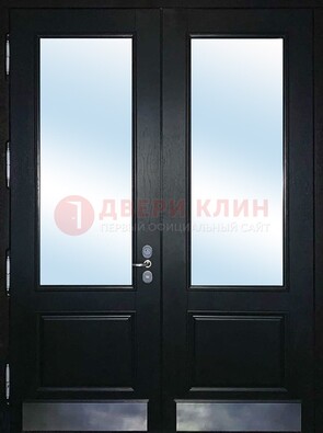 Черная двухстворчатая металлическая дверь со стеклом ДС-25 в Старой Купавне