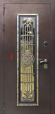 Железная дверь цвета медный антик со стеклом и ковкой ДСК-105 в Старой Купавне
