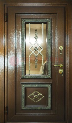 Теплая входная дверь со стеклом и ковкой разноцветной ДСК-13 в Старой Купавне