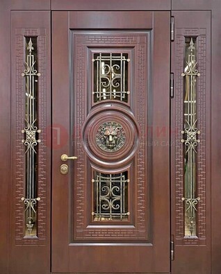 Коричневая стальная дверь со стеклом и ковкой ДСК-147 с фрамугами в Старой Купавне