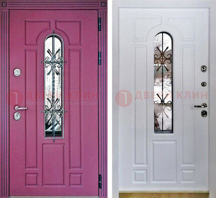 Розовая металлическая дверь со стеклом и ковкой ДСК-151 в Старой Купавне