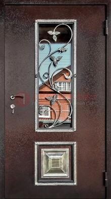 Коричневая стальная дверь порошок со стеклом и ковкой ДСК-163 в Иваново