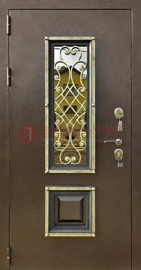 Входная дверь порошок со стеклом и ковкой для коттеджа ДСК-166 в Старой Купавне