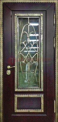 Темная уличная дверь порошок со стеклом и ковкой ДСК-167 в Старой Купавне