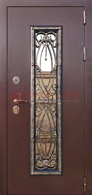 Коричневая стальная дверь порошок со стеклом и ковкой для дома ДСК-169 в Старой Купавне