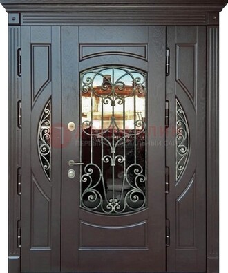 Полуторная железная дверь Винорит со стеклом и ковкой ДСК-231 в Старой Купавне