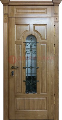 Металлическая дверь массив со стеклом и ковкой для дома ДСК-246 в Старой Купавне