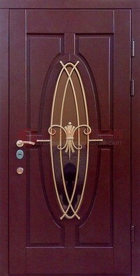 Бордовая стальная дверь Винорит со стеклом и ковкой ДСК-263 в Старой Купавне