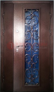 Двойная металлическая дверь со стеклом и ковкой ДСК-4 в Старой Купавне