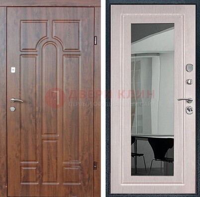 Входная коричневая дверь с МДФ Белый дуб и зеркалом ДЗ-126 в Старой Купавне