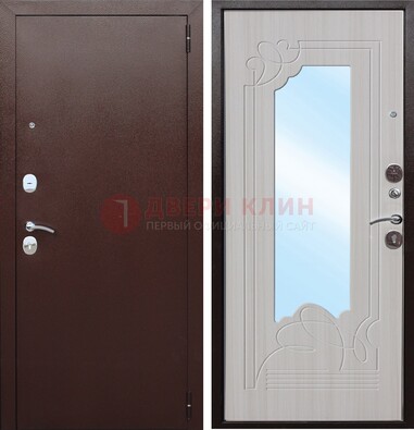 Коричневая металлическая дверь с зеркалом МДФ внутри ДЗ-33 в Старой Купавне