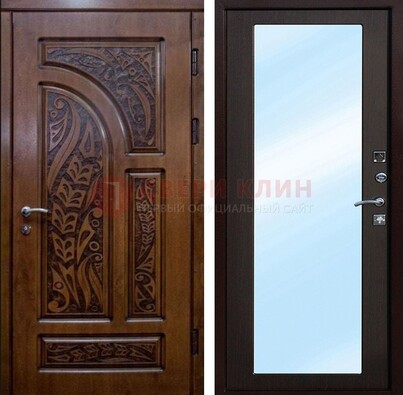 Коричневая входная дверь c узором и виноритом МДФ с зеркалом ДЗ-98 в Старой Купавне