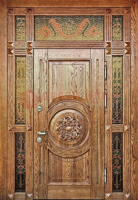 Дизайнерская стальная дверь с массивом дуба и витражом ВЖ-13 в Старой Купавне