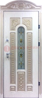 Белая железная дверь с МДФ и витражом ВЖ-26 в Старой Купавне
