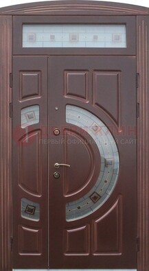 Коричневая двухстворчатая железная дверь с МДФ и витражом ВЖ-29 в Старой Купавне