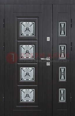 Чёрная двухстворчатая железная дверь с МДФ и витражом ВЖ-35 в Старой Купавне