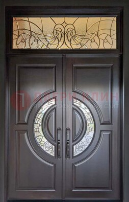 Чёрная двухстворчатая железная дверь с МДФ и витражом ВЖ-38 в Старой Купавне