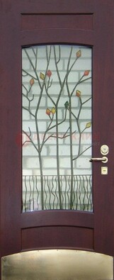 Бордовая стальная дверь с витражом и декоративным элементом ВЖ-3 в Старой Купавне